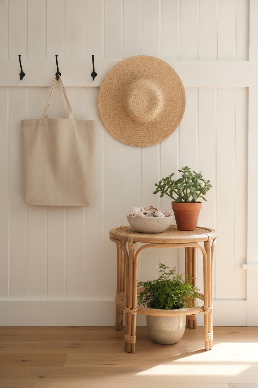 Cozy entryway with rattan console, seashells, succulent, and fern — affordable summer home refresh ideas on a budget