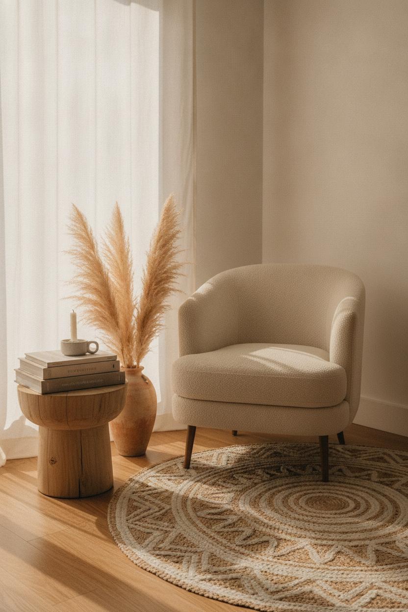 Cream boucle chair, pampas grass, and jute rug — affordable summer home refresh ideas for a bright living room corner