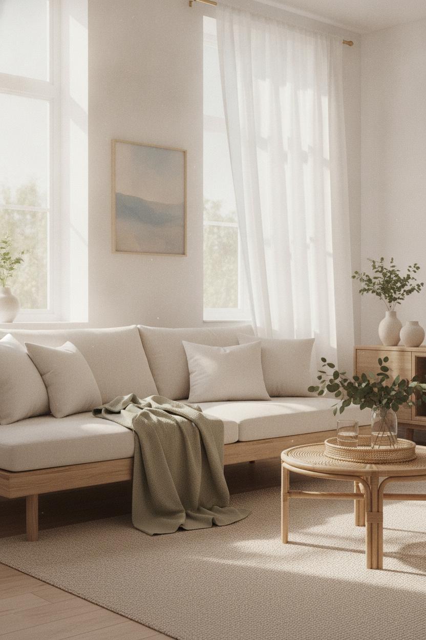 Scandinavian living room with sage green blanket and linen pillows — affordable summer home refresh ideas with natural light