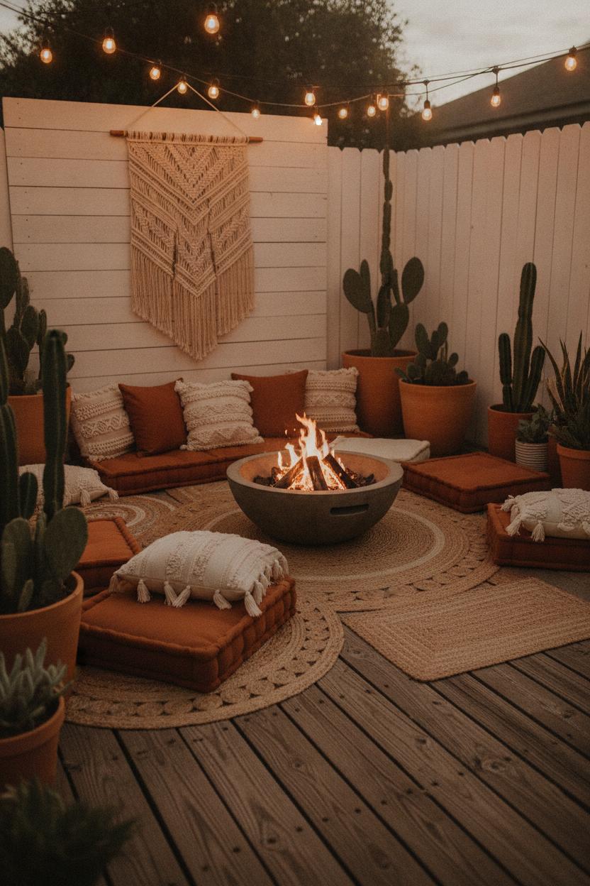 Bohemian fire pit outdoor living area ideas with floor cushions, jute rugs, string lights, and macramé accents on a cozy deck