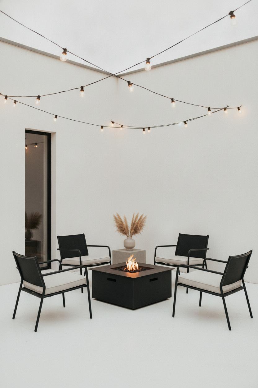 Minimalist fire pit outdoor living area with black steel pit, concrete patio, linen chairs, and warm string lights