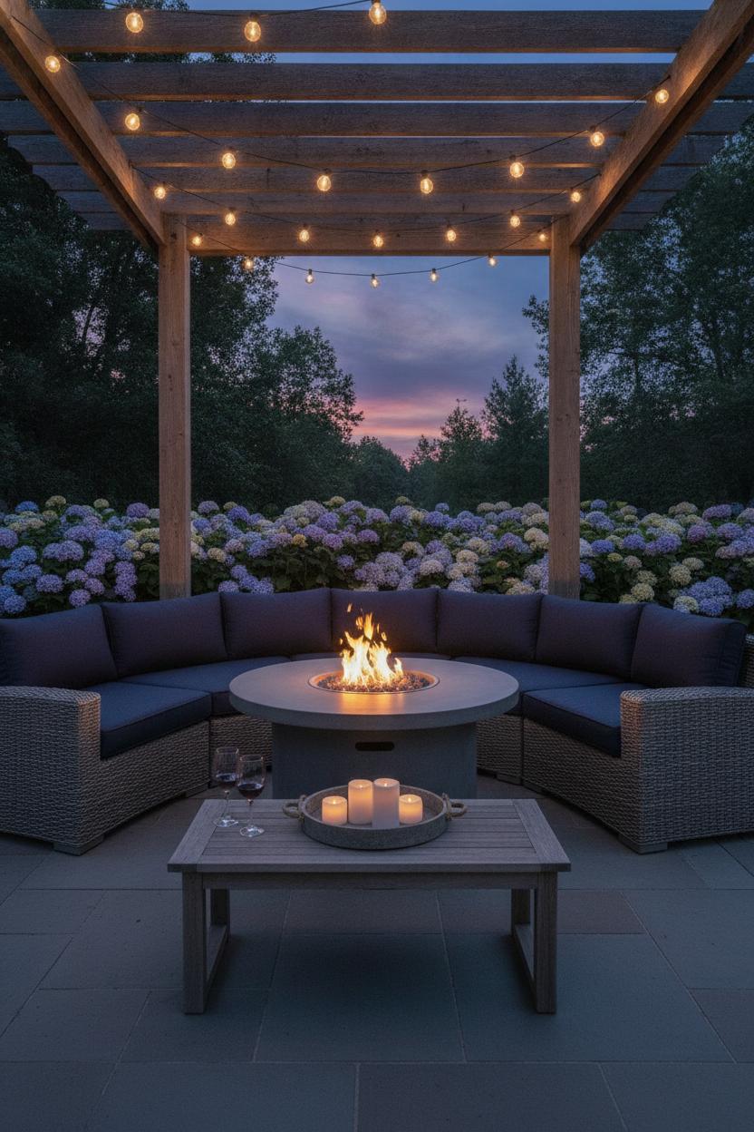 Cozy fire pit outdoor living area ideas with propane table, wicker sectional, string lights, and twilight ambiance