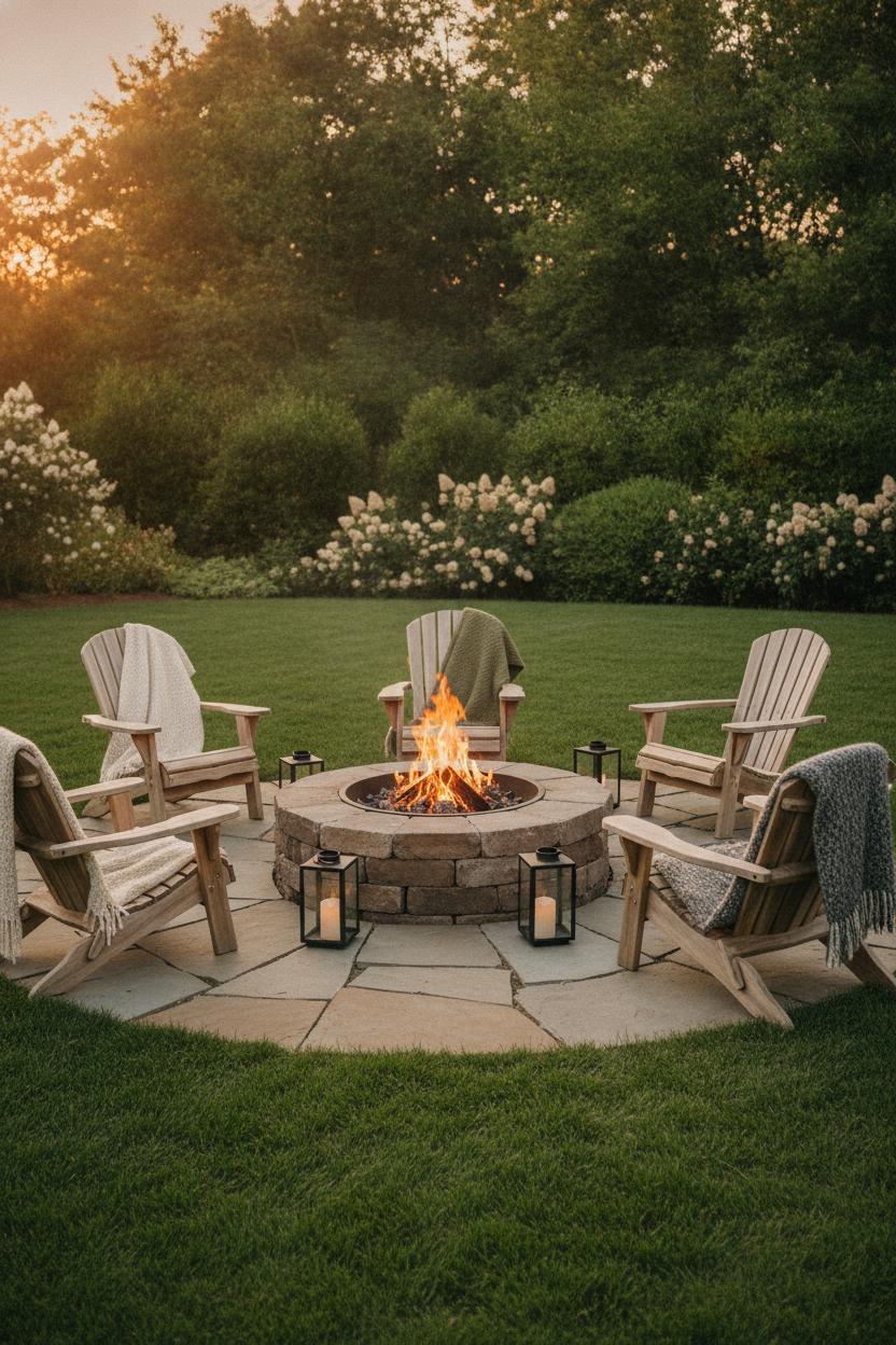 Circular stone fire pit with Adirondack chairs and wool throws — cozy fire pit outdoor living area ideas at golden hour
