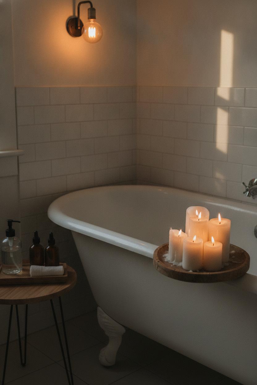 Cozy small bathroom decorating ideas with white pillar candles, amber bottles, and warm Edison sconce lighting by freestanding tub