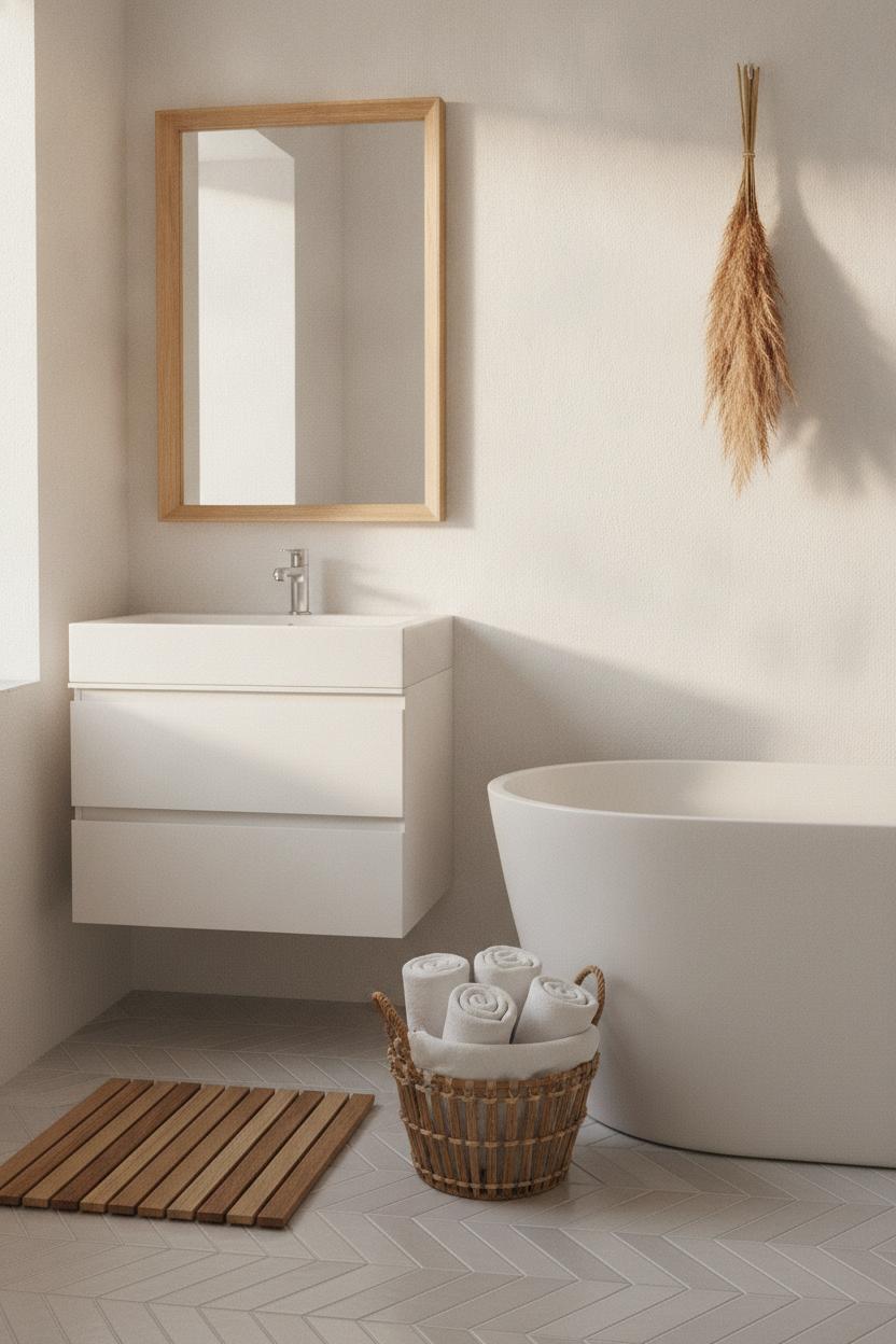 Modern small bathroom with teak mat, bamboo basket, wood mirror, and pampas grass — cozy small bathroom decorating ideas
