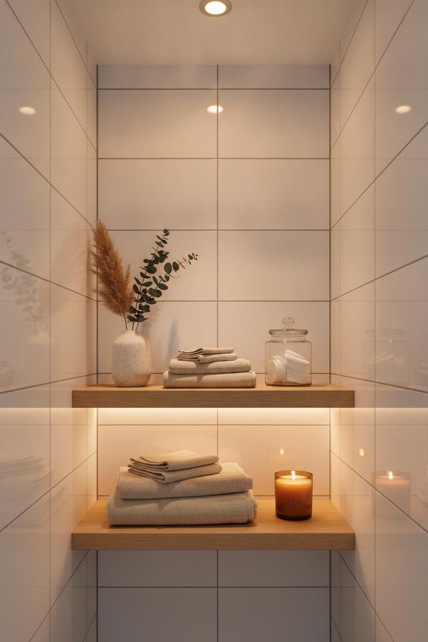 Floating oak shelf with linen towels, dried flowers, and candle — cozy small bathroom decorating ideas with warmth