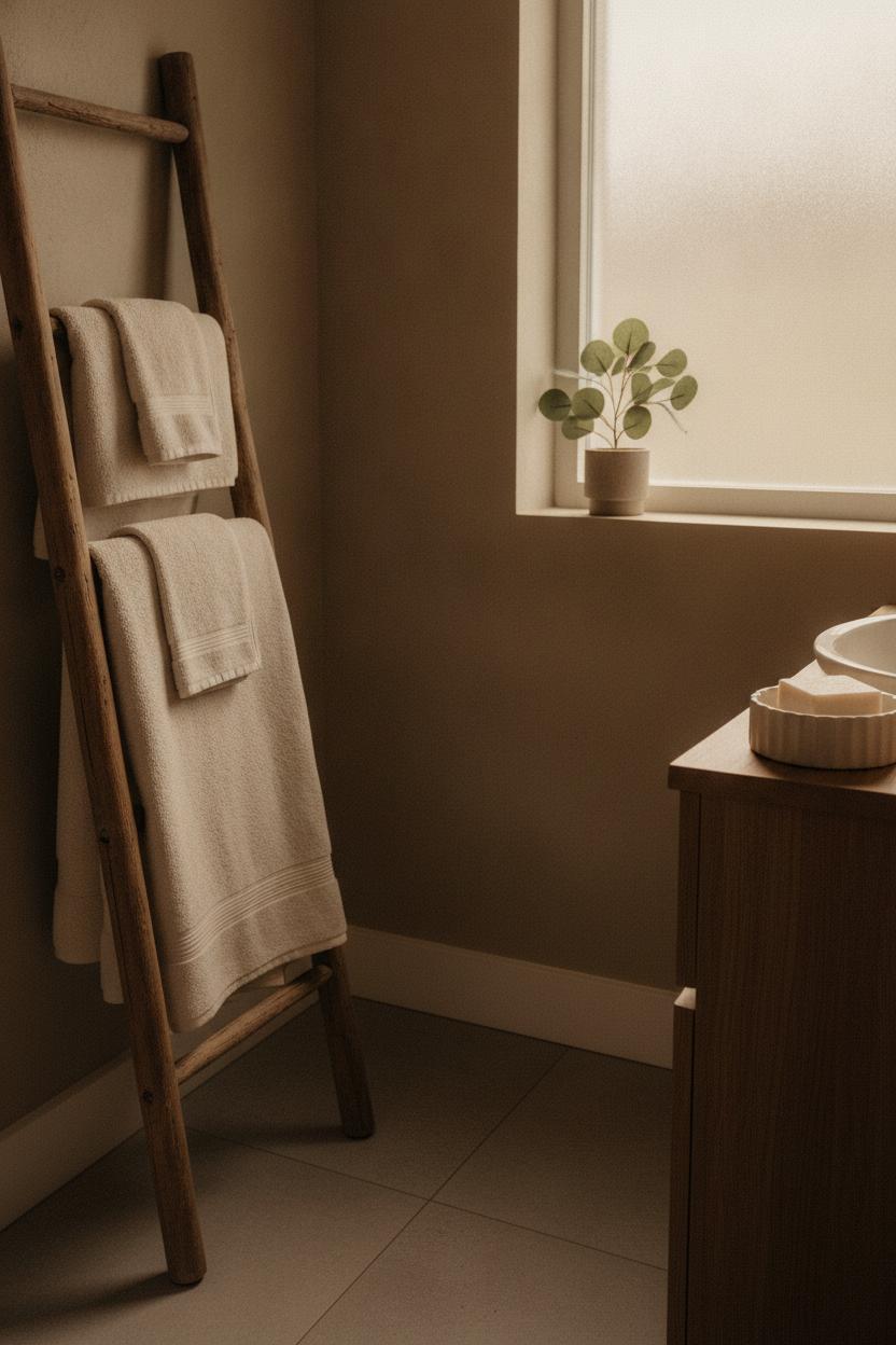 Cozy small bathroom decorating ideas with greige walls, cream towels on ladder shelf, eucalyptus plant, and warm natural light