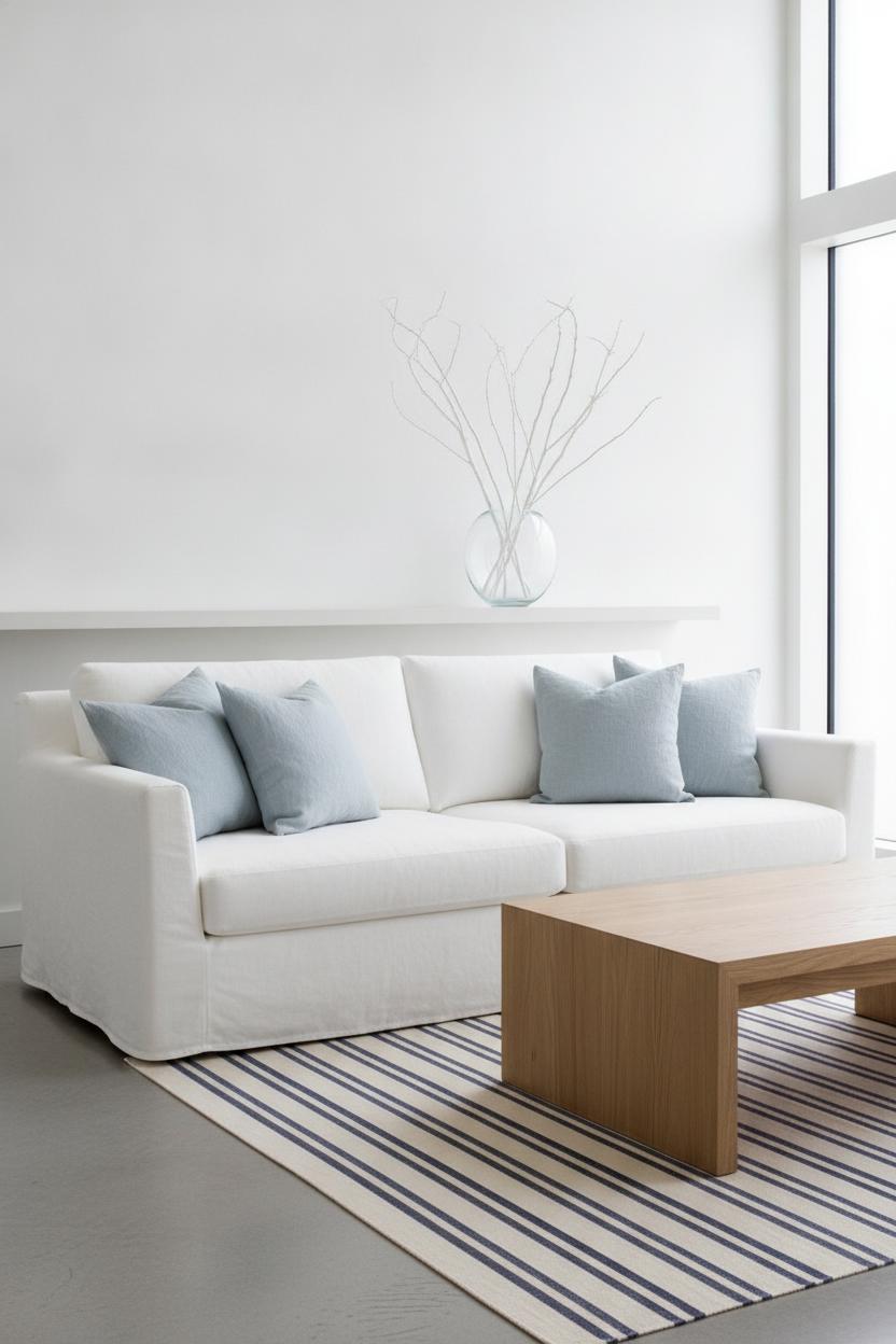 Bright minimalist living room with white sofa and pale blue pillows showcasing modern coastal style décor