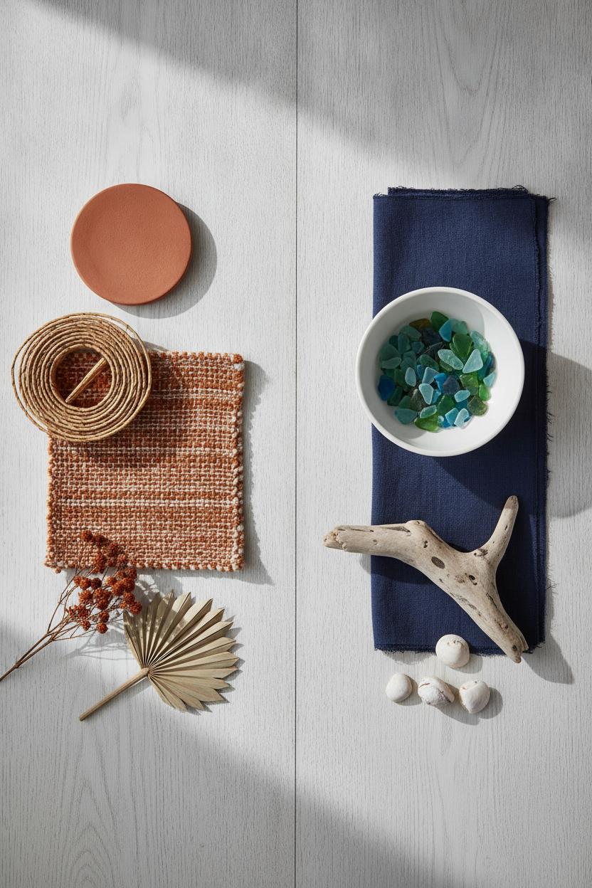 Coastal boho vs modern coastal style flat lay with terracotta rattan textures beside navy linen sea glass driftwood samples