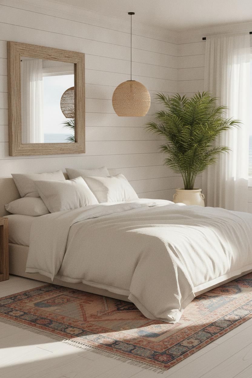 Coastal boho bedroom with rattan light, kilim rug, driftwood mirror, and linen bedding in soft morning light