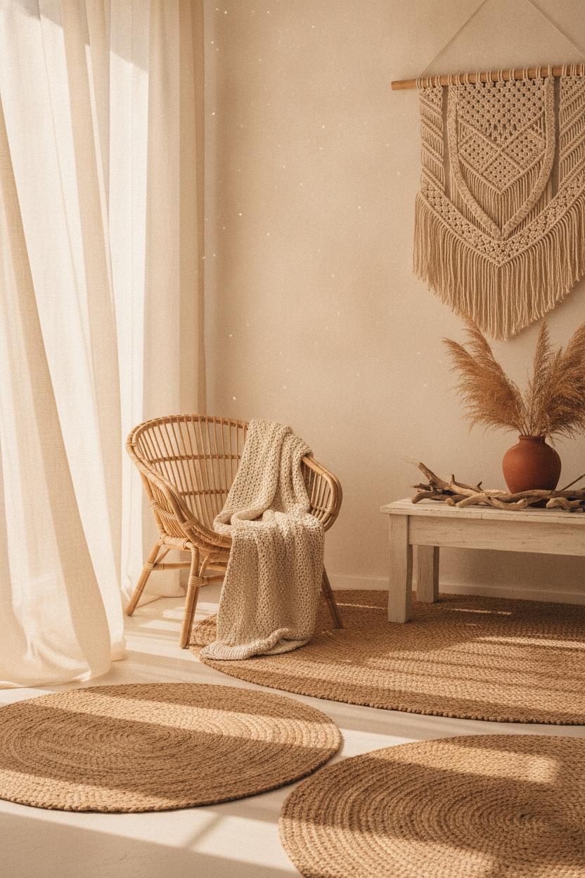 Sun-drenched coastal boho living room with jute rugs, rattan chair, macramé, pampas grass, and driftwood accents