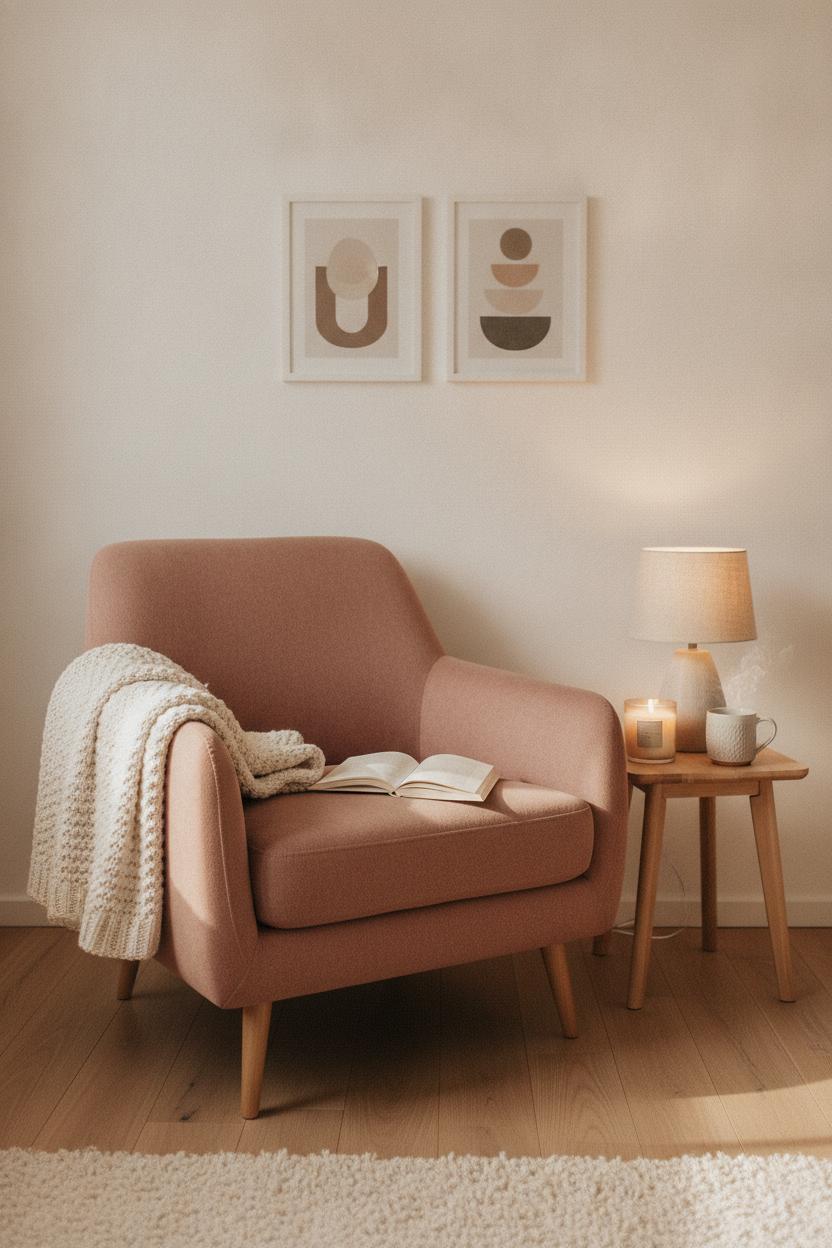 Cozy reading nook ideas at home featuring a dusty rose armchair, chunky knit throw, candle, and tea mug