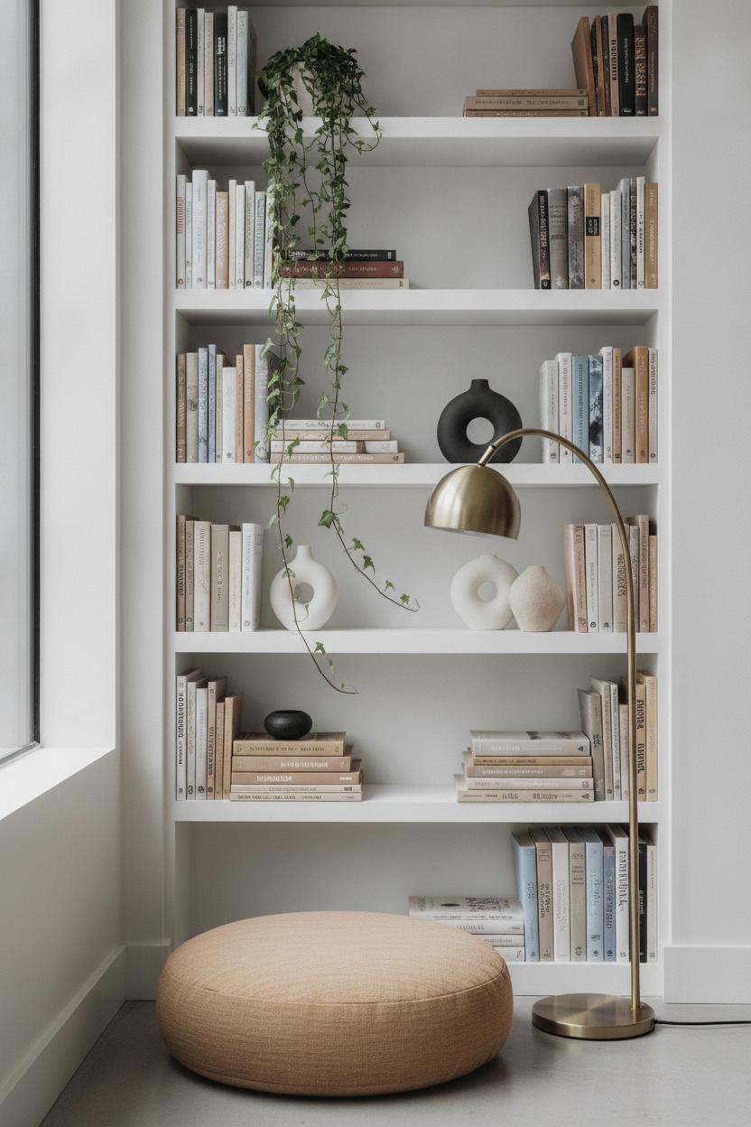 Cozy reading nook ideas at home featuring a minimalist built-in bookshelf alcove with brass lamp and floor cushion