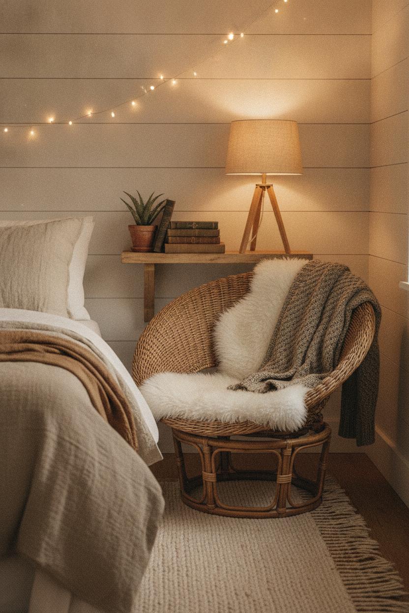 Cozy reading nook ideas at home featuring a wicker chair, sheepskin cushion, fairy lights, and floating book shelf in warm earthy tones