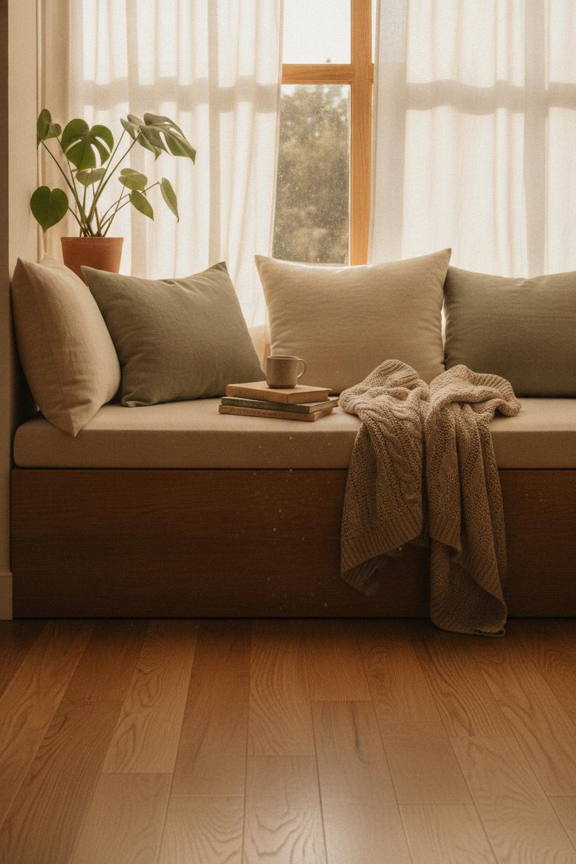 Built-in window seat reading nook with cream linen cushions, stacked books, knitted throw, and golden afternoon sunlight