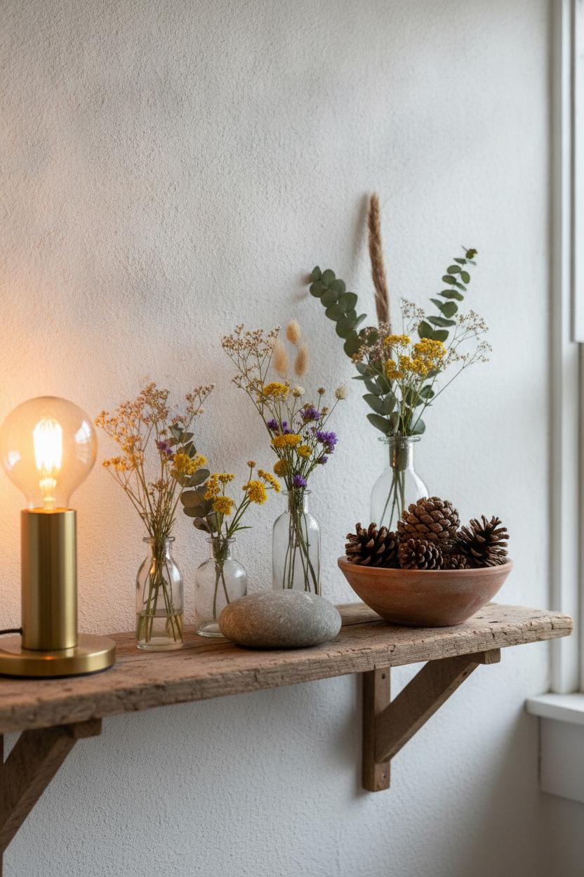 Rustic wooden shelf with dried wildflowers, eucalyptus, and pinecones — DIY home decor on a budget with earthy tones