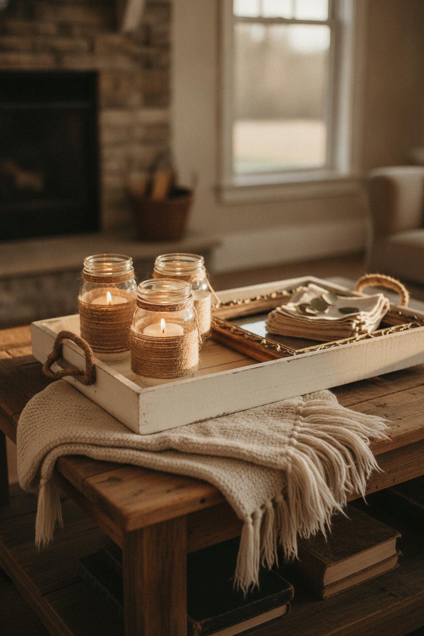 Vintage chalk-painted tray and mason jar candle holders styling DIY home decor on a budget with hygge farmhouse vibes