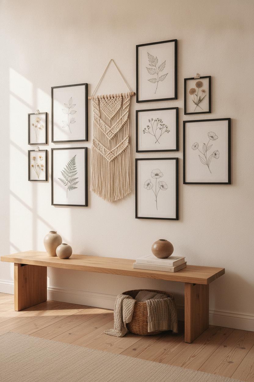 Minimalist gallery wall with botanical prints, macrame, and dried flowers — stylish DIY home decor on a budget