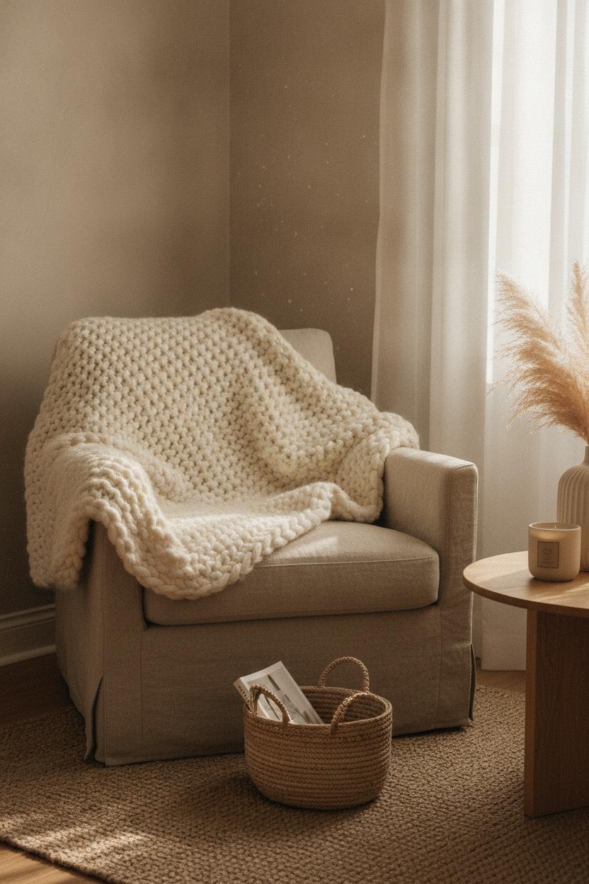 Cozy living room corner with chunky knit throw and linen armchair — DIY home decor on a budget inspo