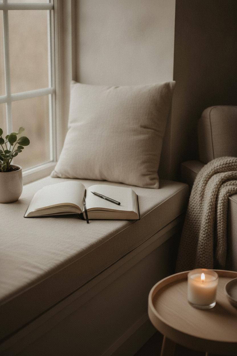 Open journal and pen on linen cushion in cozy window nook — slow living morning routine ideas with candle and Scandinavian decor