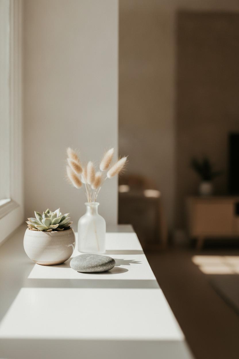 Minimalist windowsill with potted plant, river stone, and pampas grass — slow living morning routine ideas styled in warm light