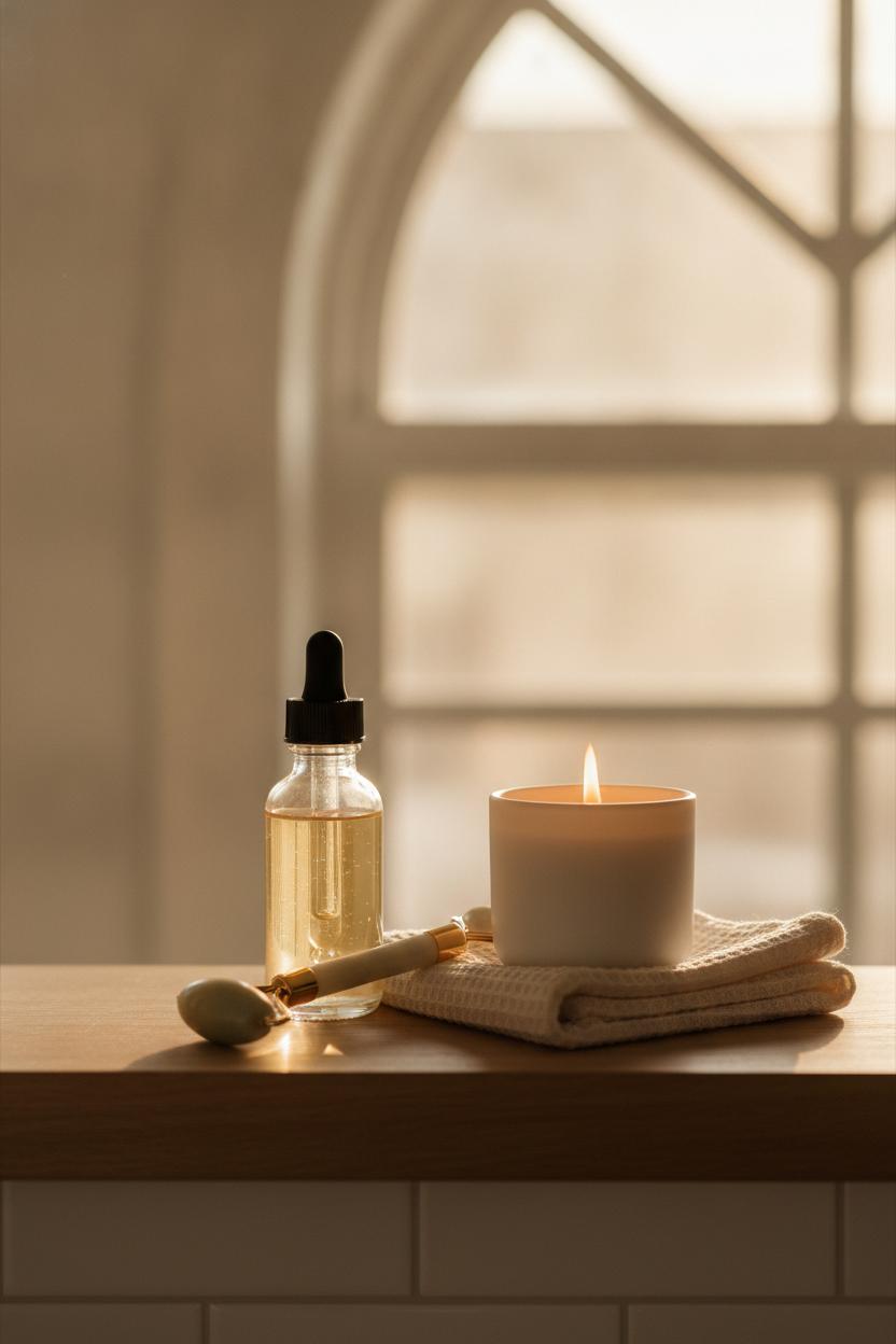 Bathroom shelf with facial oil, jade roller, candle, and towel — slow living morning routine ideas in a minimal aesthetic