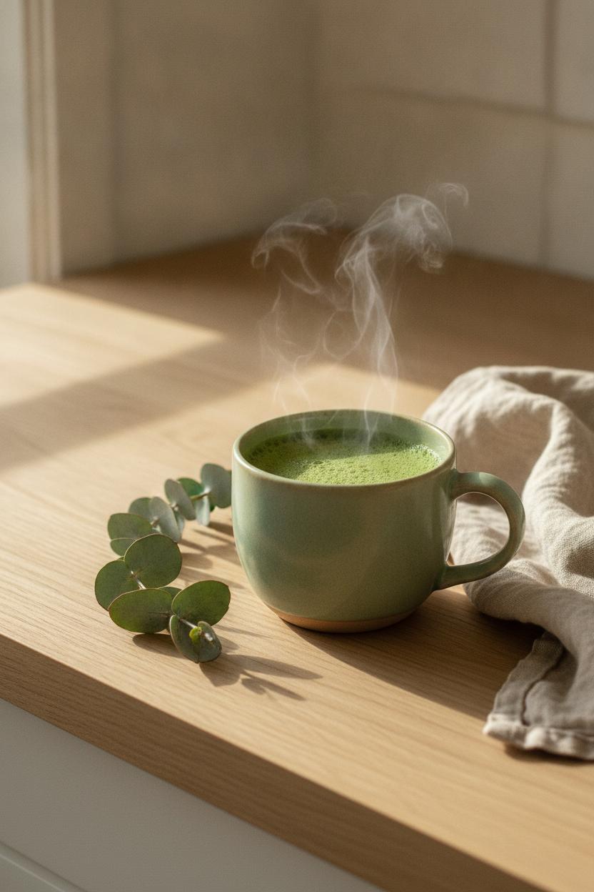 Handmade ceramic matcha mug on oak counter with eucalyptus — slow living morning routine ideas