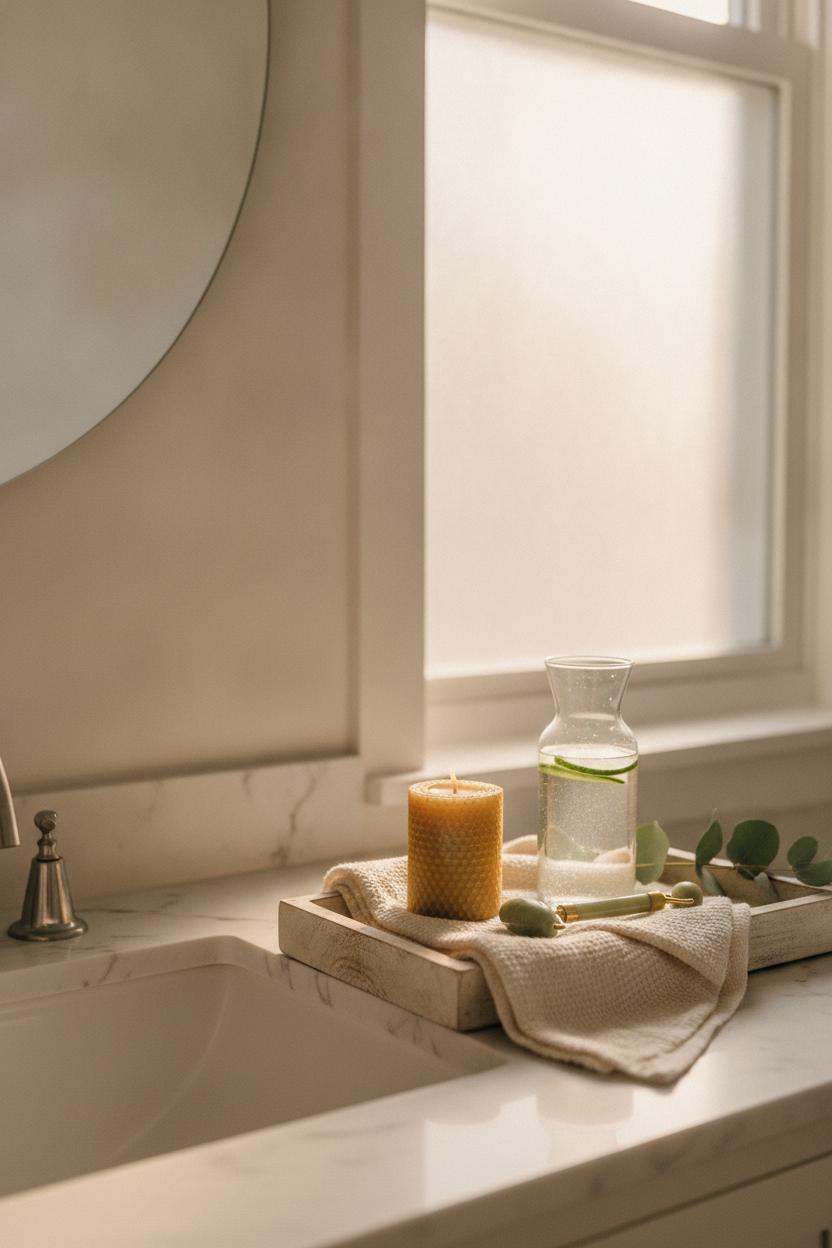 Cozy summer morning routine ideas styled on a bathroom vanity with eucalyptus, jade roller, and beeswax candle