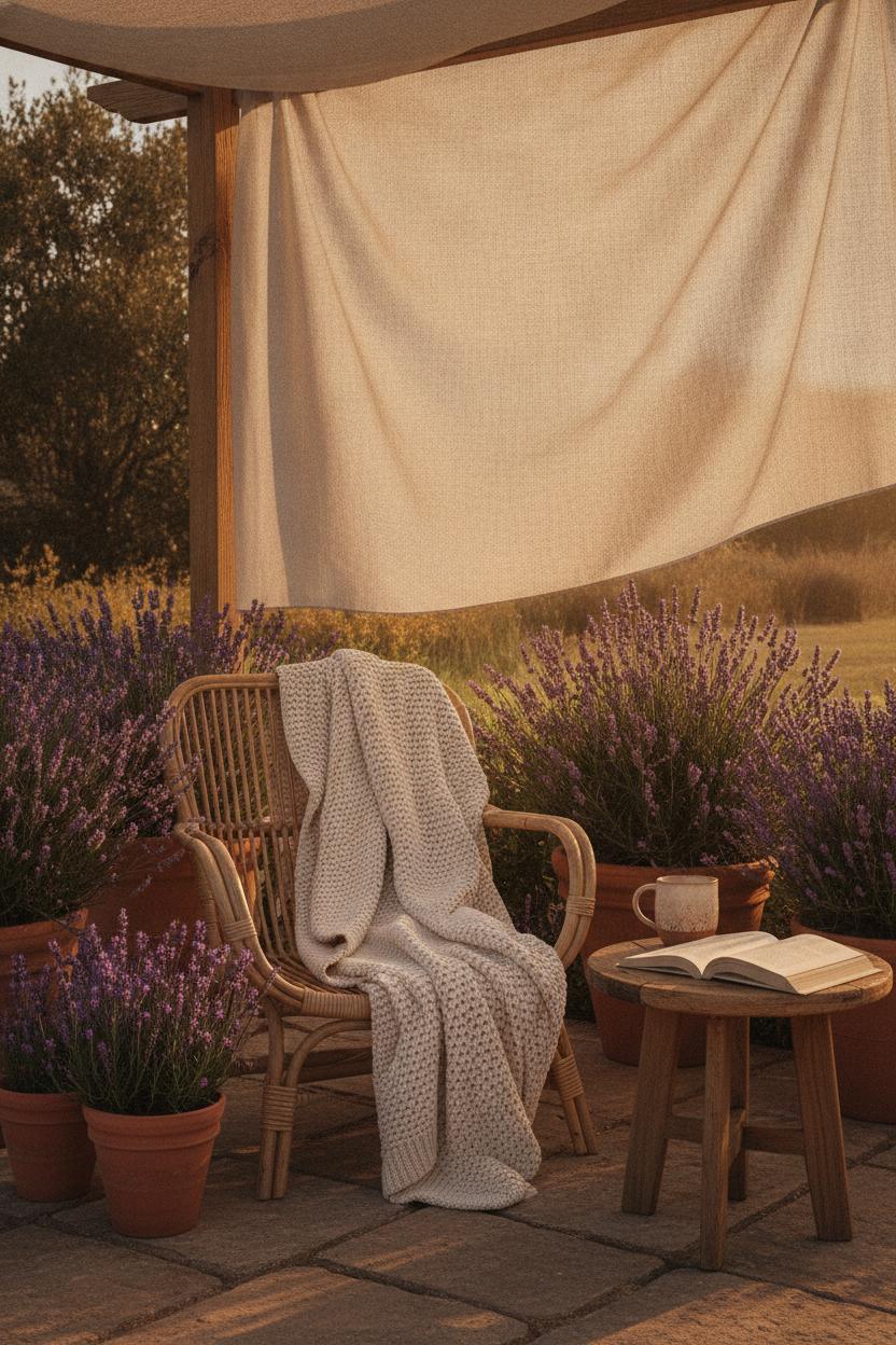 Cozy summer morning routine ideas: rattan chair with knit throw, ceramic mug, and book on sunlit patio with lavender