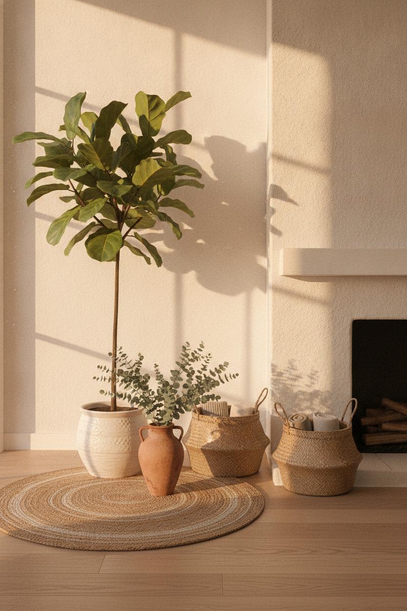 Cozy living room ideas for summer with fiddle leaf fig, eucalyptus stems, jute rug, and seagrass baskets by a white fireplace