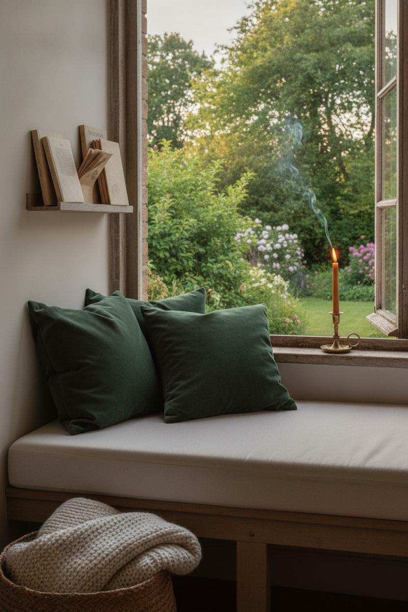 Cozy living room ideas for summer: built-in window seat with cream cushions, green velvet pillows, books, and candlelight