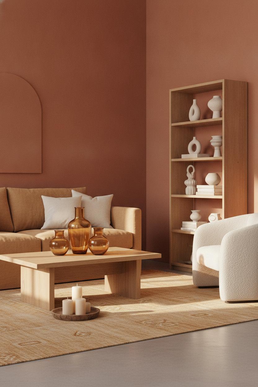 Cozy living room ideas for summer with terracotta walls, linen sofa, amber vases, and warm ochre rug