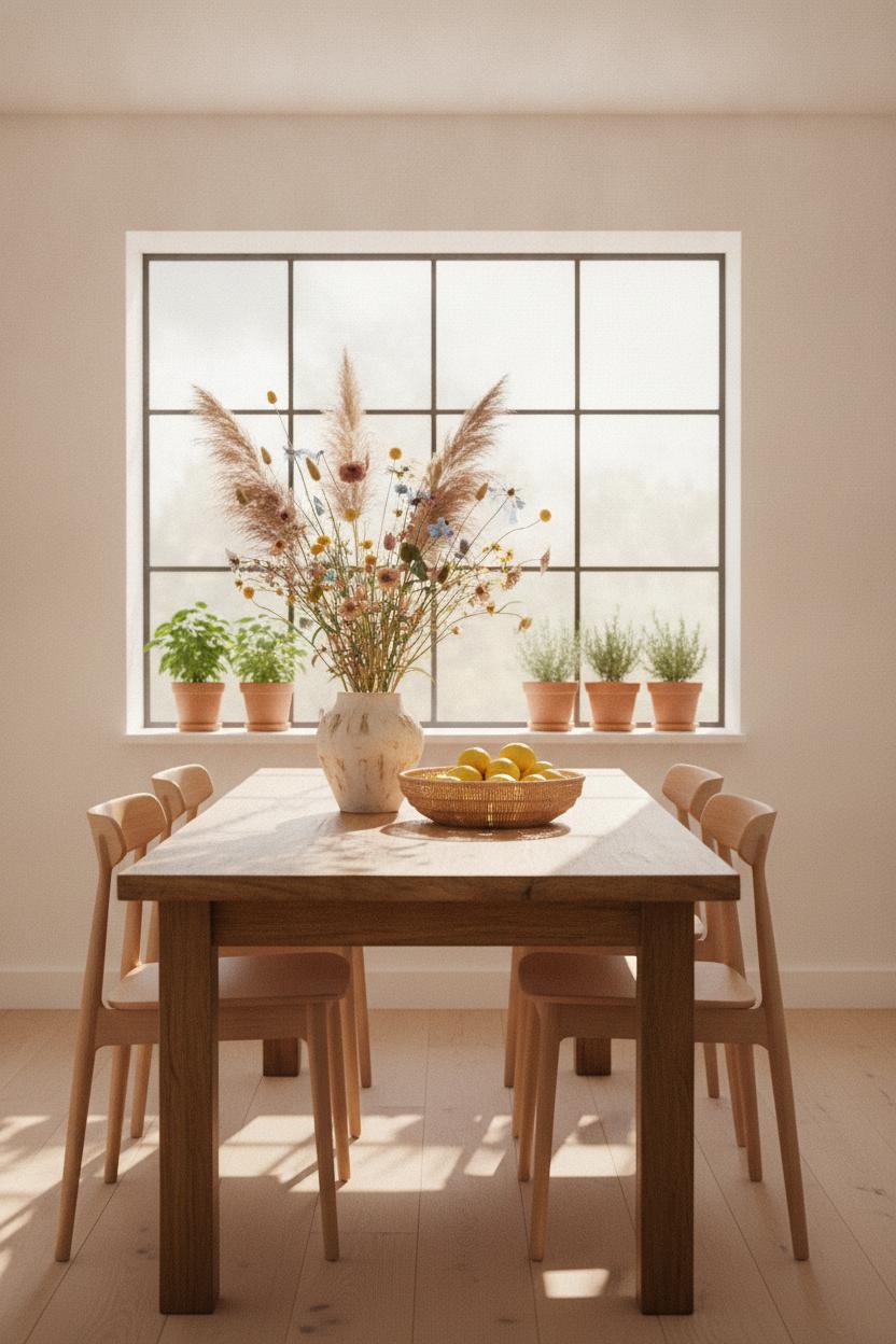 Minimalist dining table with pampas grass, wildflowers, and herbs in golden light — cozy hygge home decor for summer