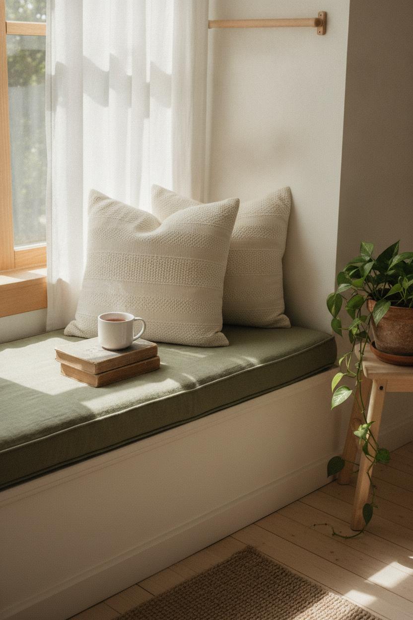 Cozy hygge home decor for summer: sage green window seat with linen cushion, books, tea mug, and pothos plant