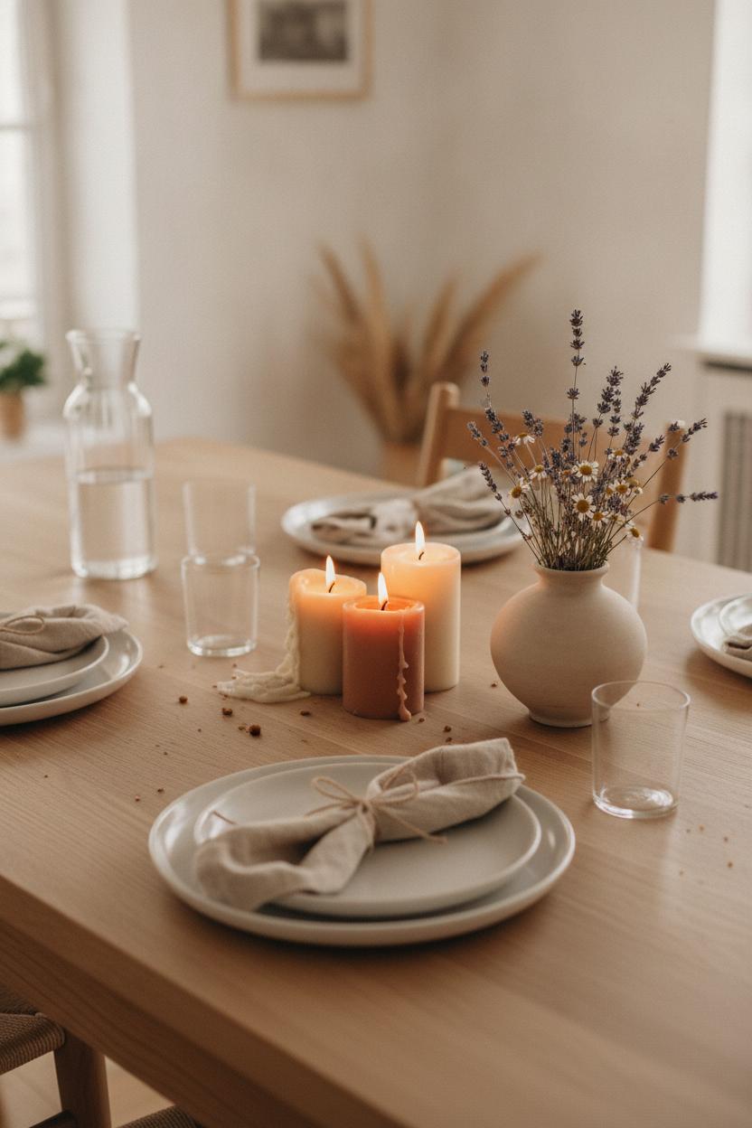 Cozy hygge home decor for summer with linen napkins, dried lavender, and matte white plates on a light oak dining table