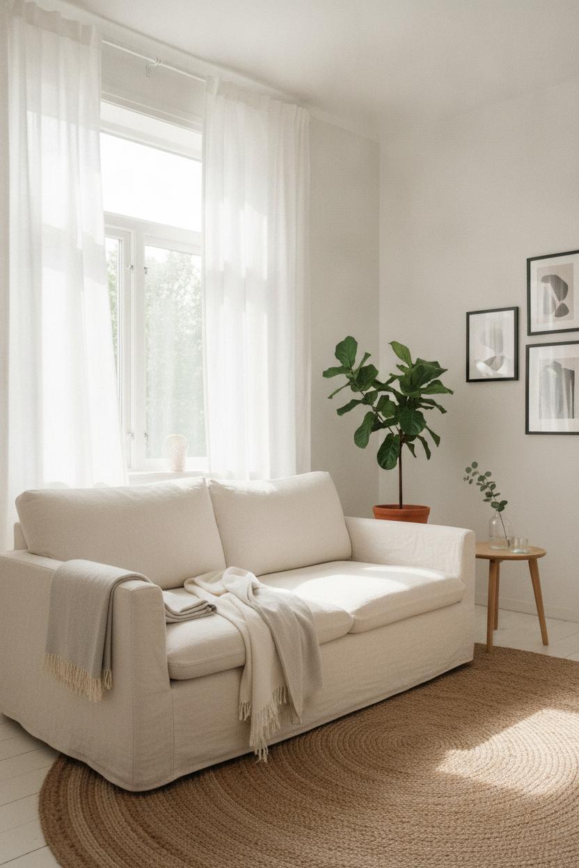 Bright Scandinavian living room with linen sofa, jute rug, and eucalyptus — cozy hygge home decor for summer