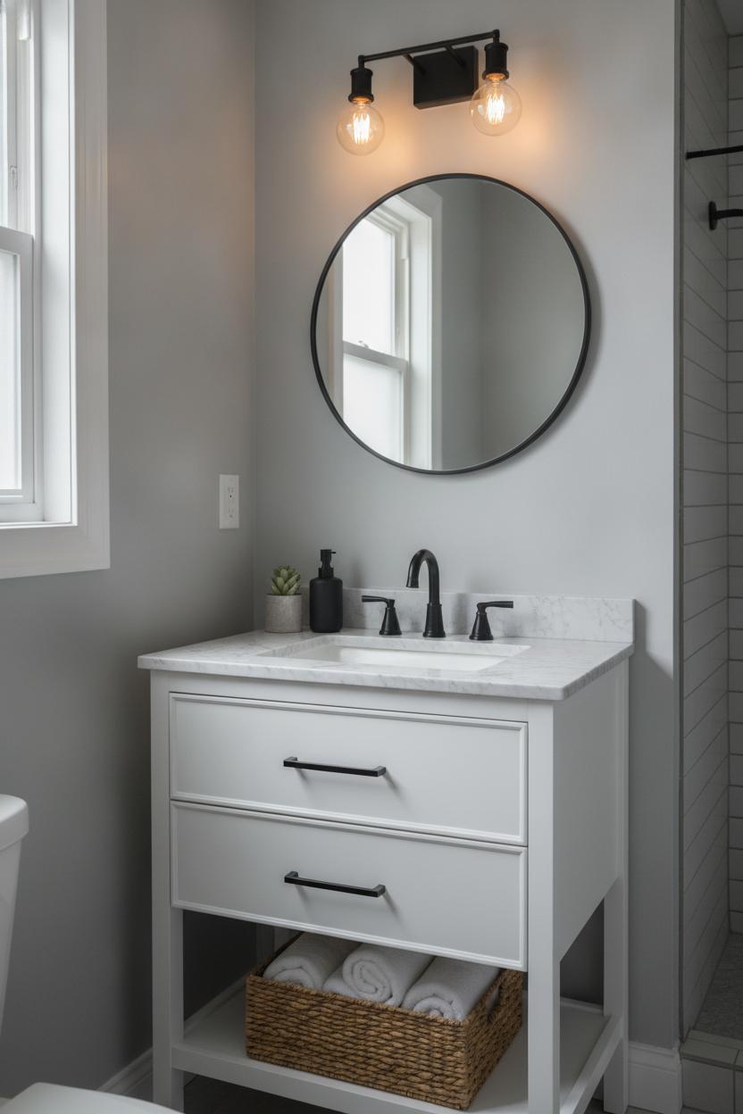 Small bathroom vanity ideas with storage: compact white cabinet, marble countertop, matte black hardware, and woven basket underneath