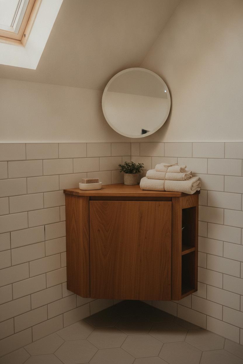 Cozy small bathroom vanity ideas with storage featuring a triangular corner unit in warm wood with subway tiles