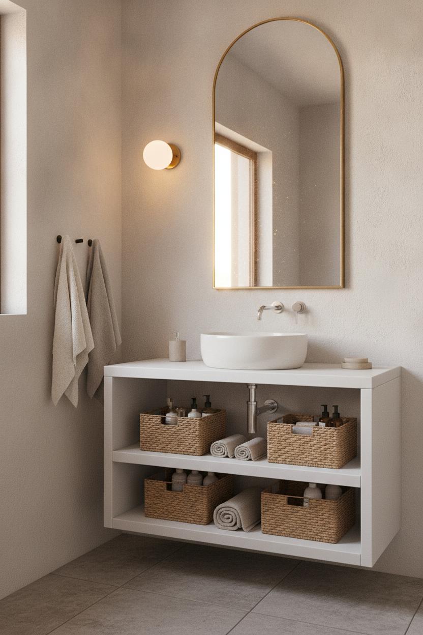 Minimalist small bathroom vanity ideas with storage: open shelves, wicker baskets, vessel sink, arched mirror