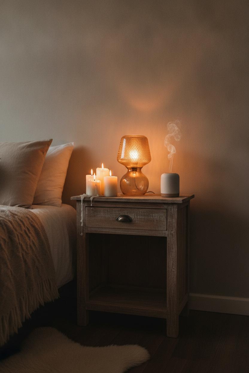 Cozy hygge bedroom decor ideas 2026: rustic nightstand with white pillar candles, amber lamp, and ceramic diffuser at dusk