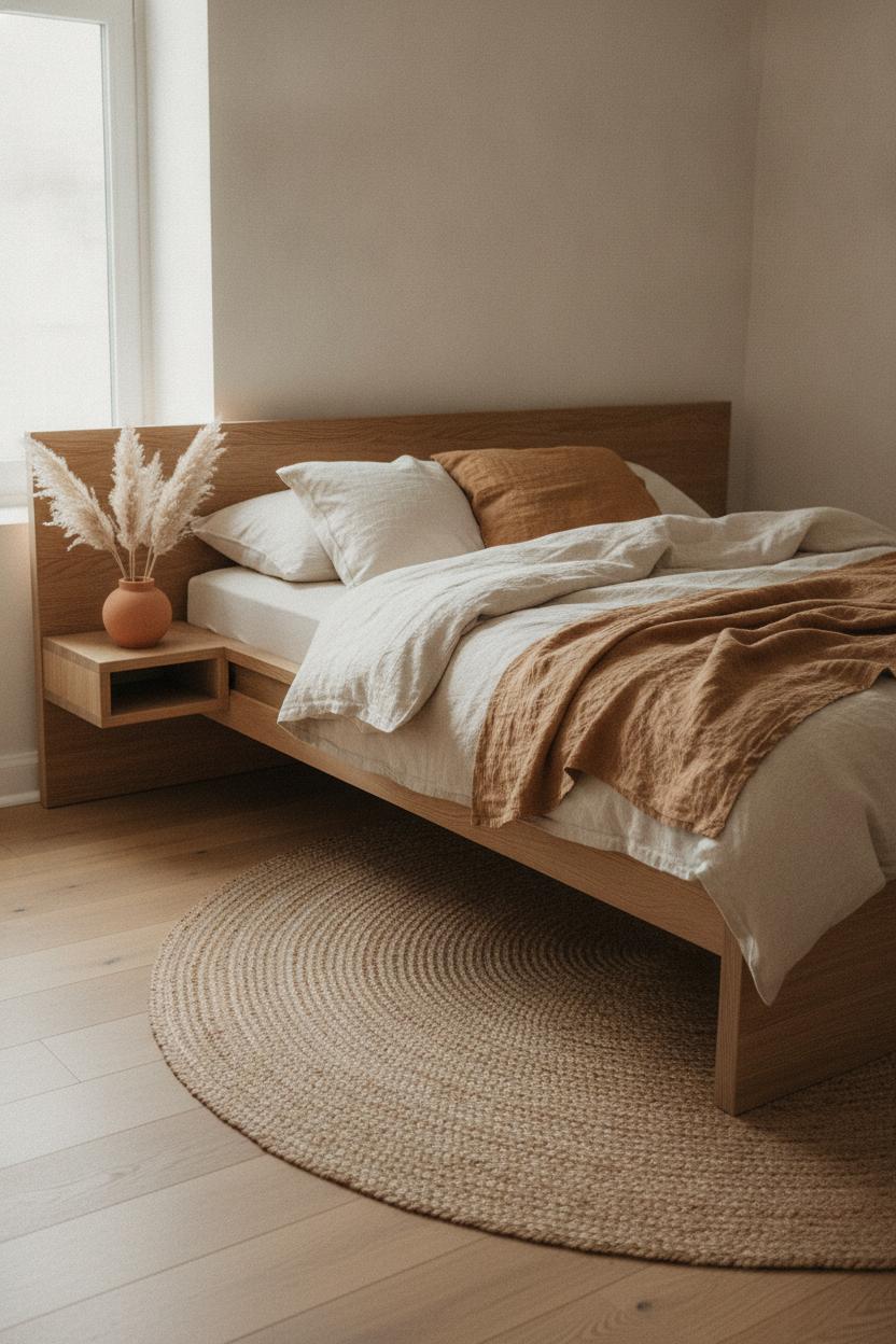 Minimalist hygge bedroom decor ideas 2026 with oak bed frame, ivory bedding, pampas grass, and jute rug in warm earthy tones