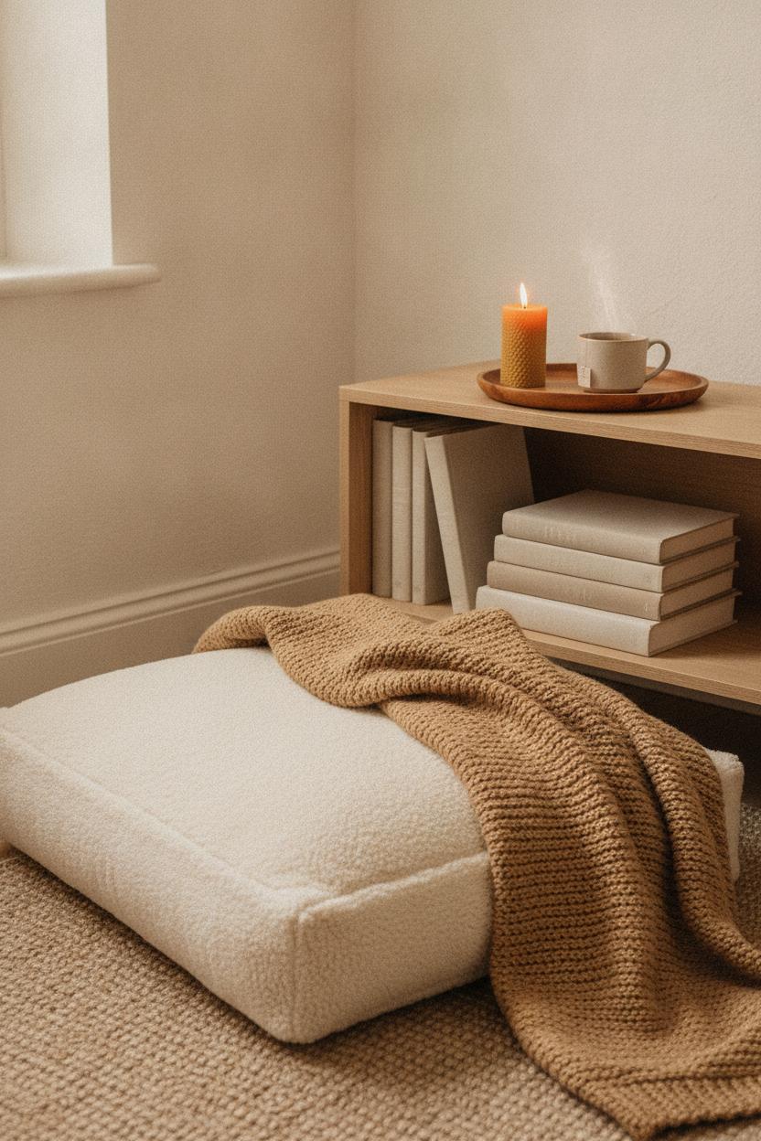 Hygge bedroom decor ideas 2026: sherpa floor cushion, neutral books, tea, beeswax candle, and wool throw in warm cozy vignette