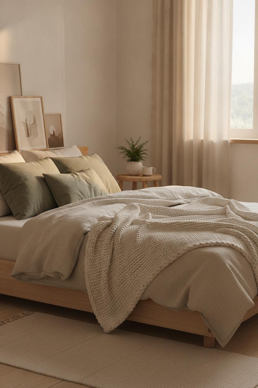 Hygge bedroom decor ideas 2026: chunky knit blankets, oatmeal linen duvet, sage velvet pillows on wood platform bed