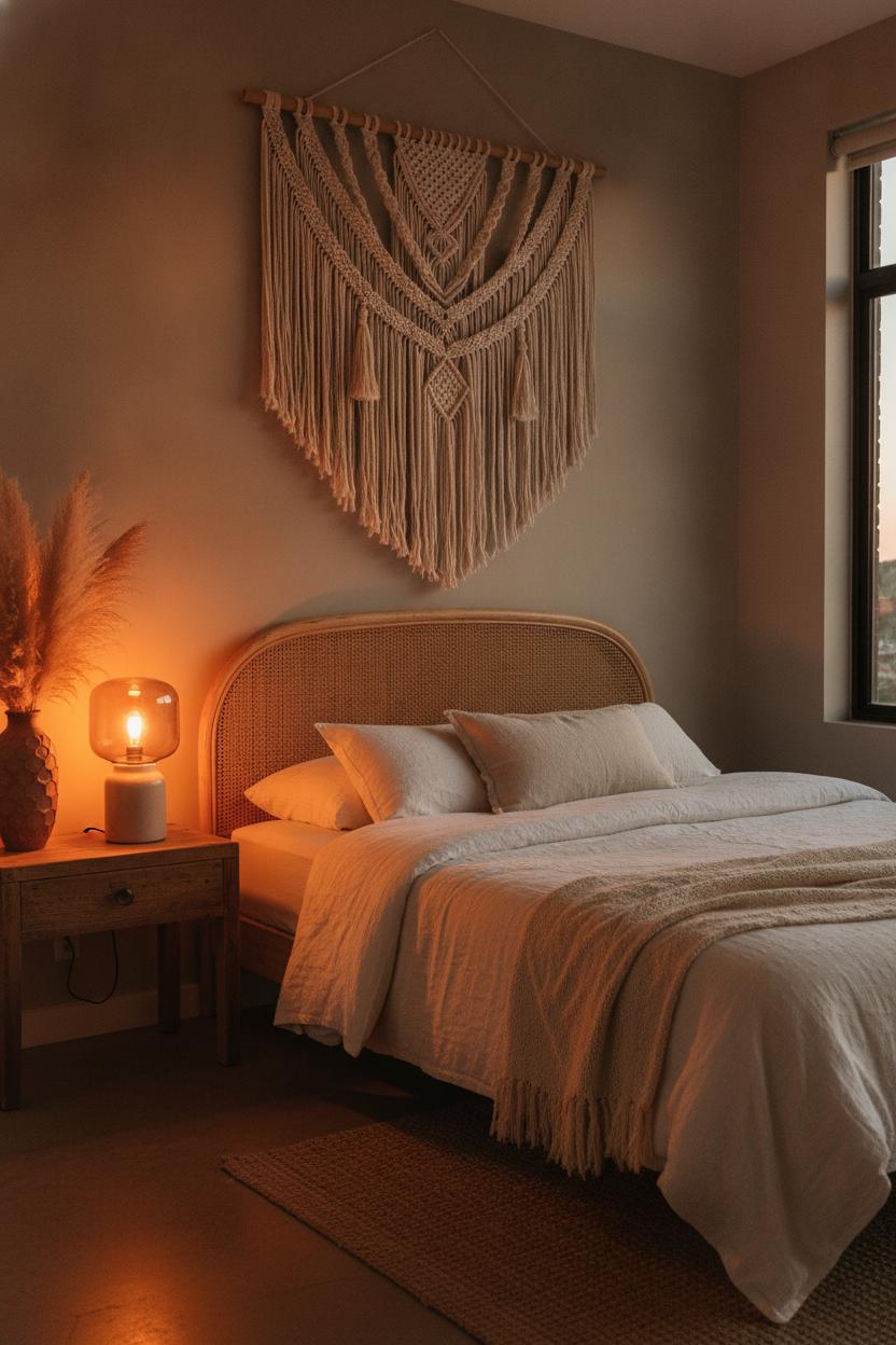 Boho bedroom ideas with natural textures: macrame wall hanging above rattan headboard with pampas grass and amber lamp glow