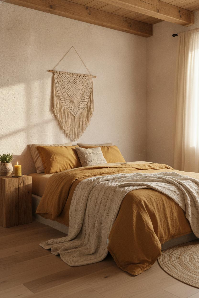 Boho bedroom ideas with natural textures: ochre linen bedding, chunky knit throw, reclaimed wood nightstand, exposed ceiling beams