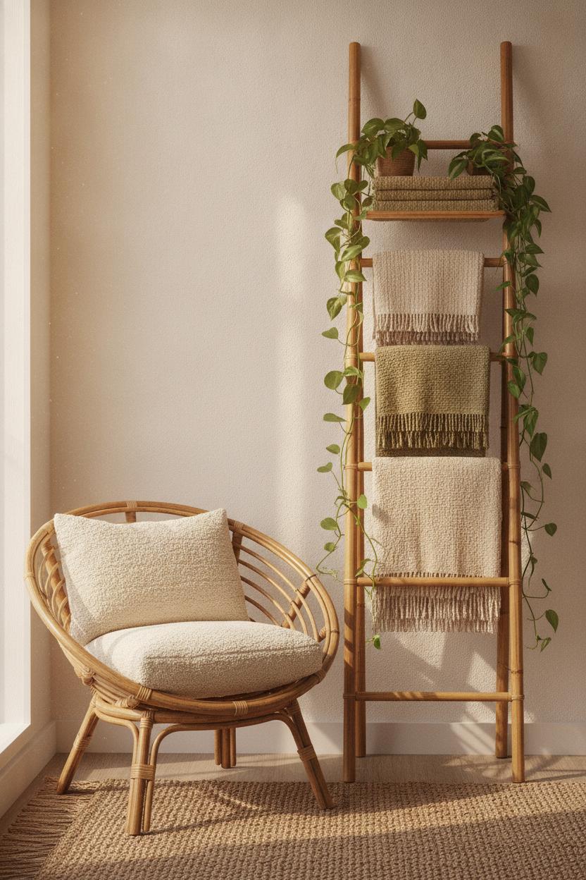 Boho bedroom ideas with natural textures: rattan chair, bamboo shelf, linen blankets, and pothos in warm golden light