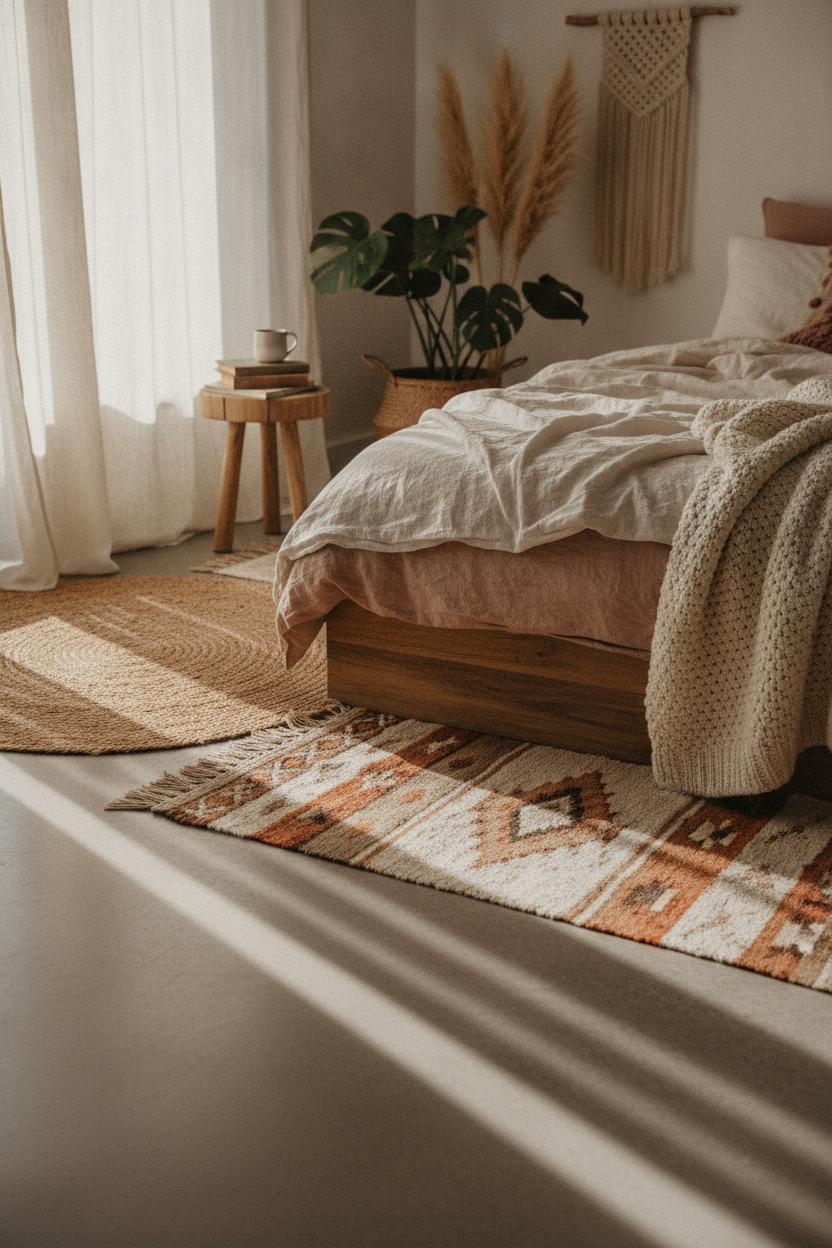 Layered jute and wool rugs in cream and terracotta tones beneath a low wooden bed — <a href=