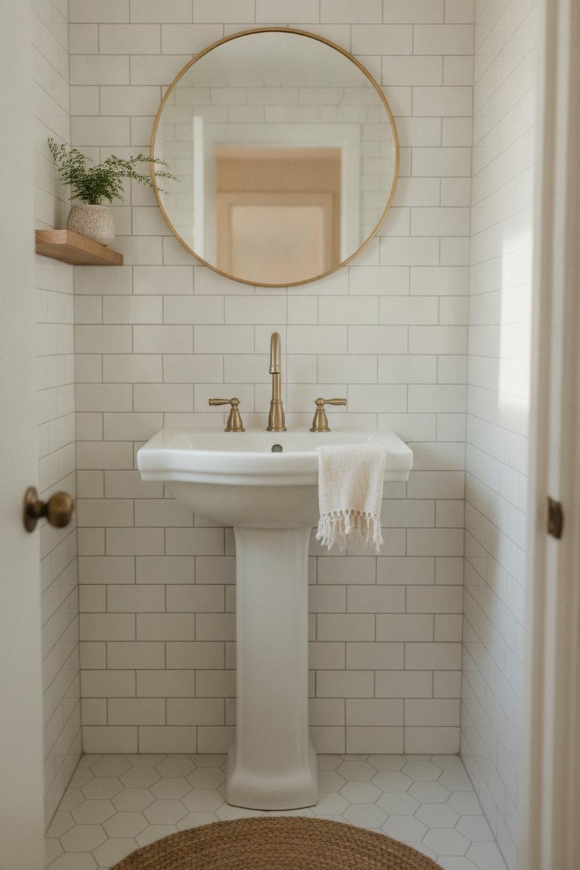Classic white subway tile bathroom with pedestal sink and brushed gold fixtures — timeless small bathroom tile ideas for small spaces