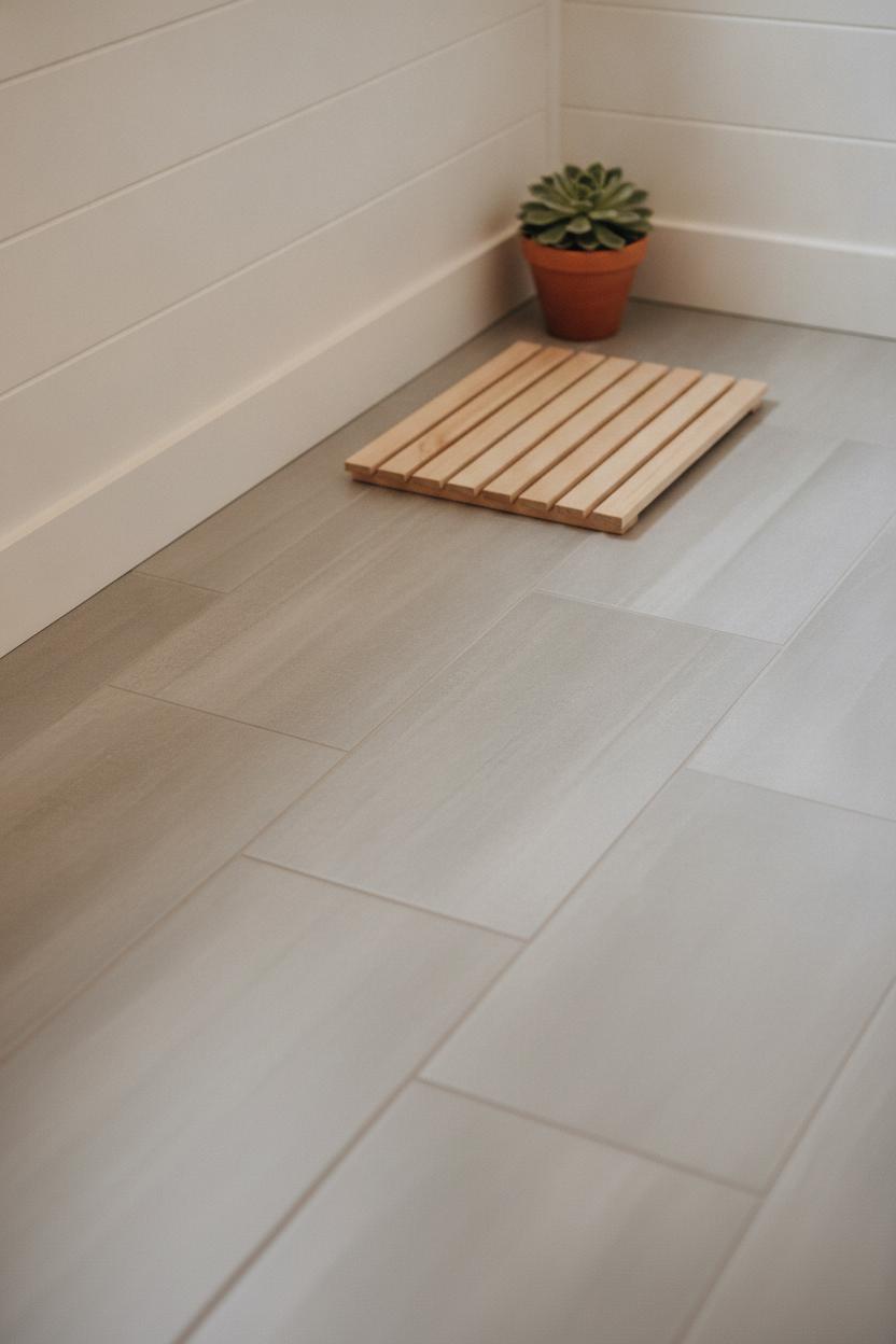 Diagonal large-format light grey porcelain floor tiles in a small bathroom with white shiplap walls — small bathroom tile ideas for small spaces