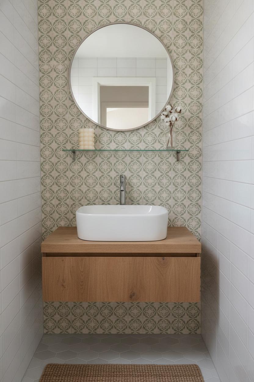 Charming small bathroom tile ideas for small spaces with cream and sage green geometric encaustic accent wall